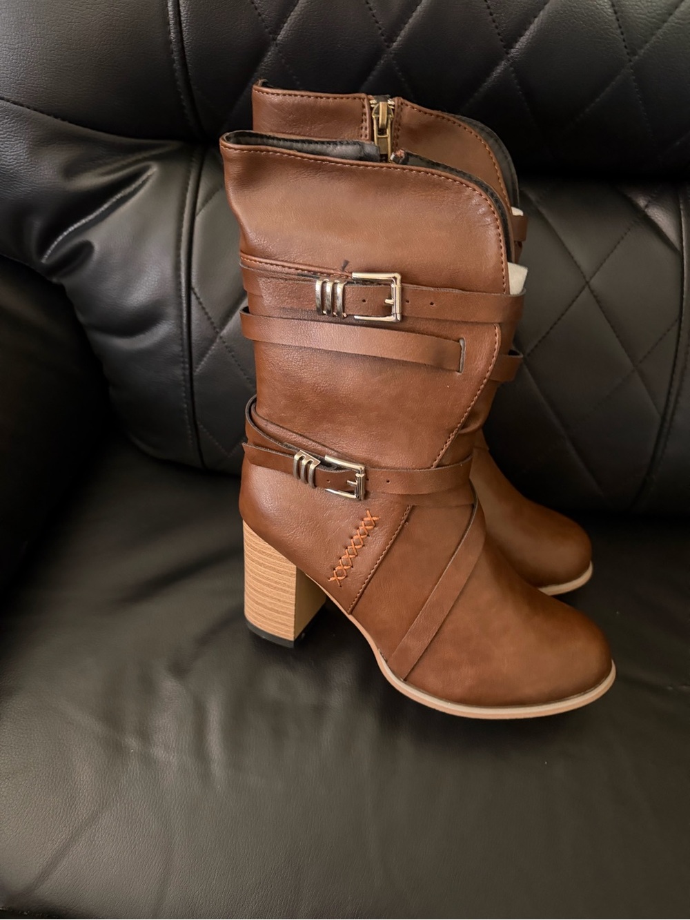 Mid-Calf Brown Buckle Heeled Boots for Women